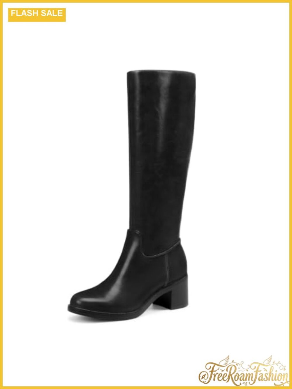 Knee High Boots Women Faux Leather Round Toe Side Zipper Chunky Heel Fall